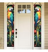 BlissYard 2pcs Summer Door Banner Hawaiian Tropical Parrot Porch Sign Banner Tropical Floral Colo...