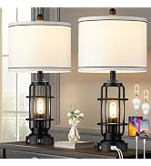 Modern Table Lamps Set of 2, Industrial 3-Way Dimmable Bedside Lamp with USB A+C Ports & AC Outle...