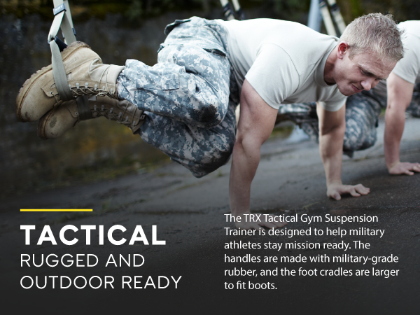 People performing a whole-body workout routine. Text reads: Tactical Suspension Trainer.