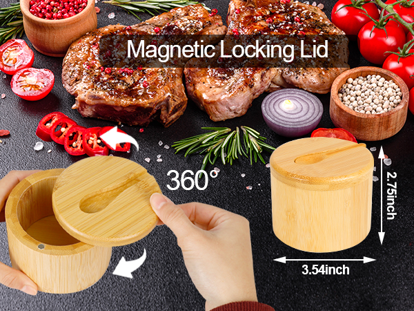 Bamboo Salt Cellar Spice Box with Magnetic Swivel Lid & Spoon, Bamboo Storage Box Salt Container
