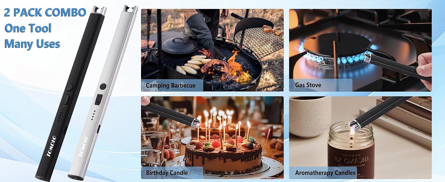2 Pack electric arc lighters for BBQ, stove, candles, and camping.