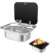 RV Hand Wash Basin Sink,Caravan or Boat Kitchen Stainless Steel Camp Sink with Folded Faucet, Cam...