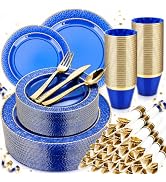350PCS Clear Blue Plastic Plates for 50 Guests, Disposable Dinnerware Set for Party and Graduatio...