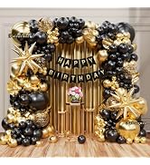 141Pcs Black and Gold Balloon Arch Kit with Happy Birthday Banner for Black and Gold Party Decora...