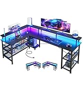 ODK 66" L Shaped Gaming Desk with Power Outlet and LED Lights, PC Gaming Table with Carbon Fiber ...