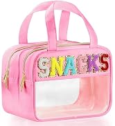 TESAFNG Chenille Letter Travel Makeup Bag, Preppy Patch Nylon Clear Cosmetic Tote with Handle and...