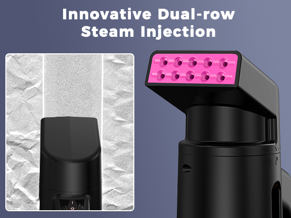 The steamer produces 25g/min steam, features an innovative dual-row nozzle for fast wrinkle removal.