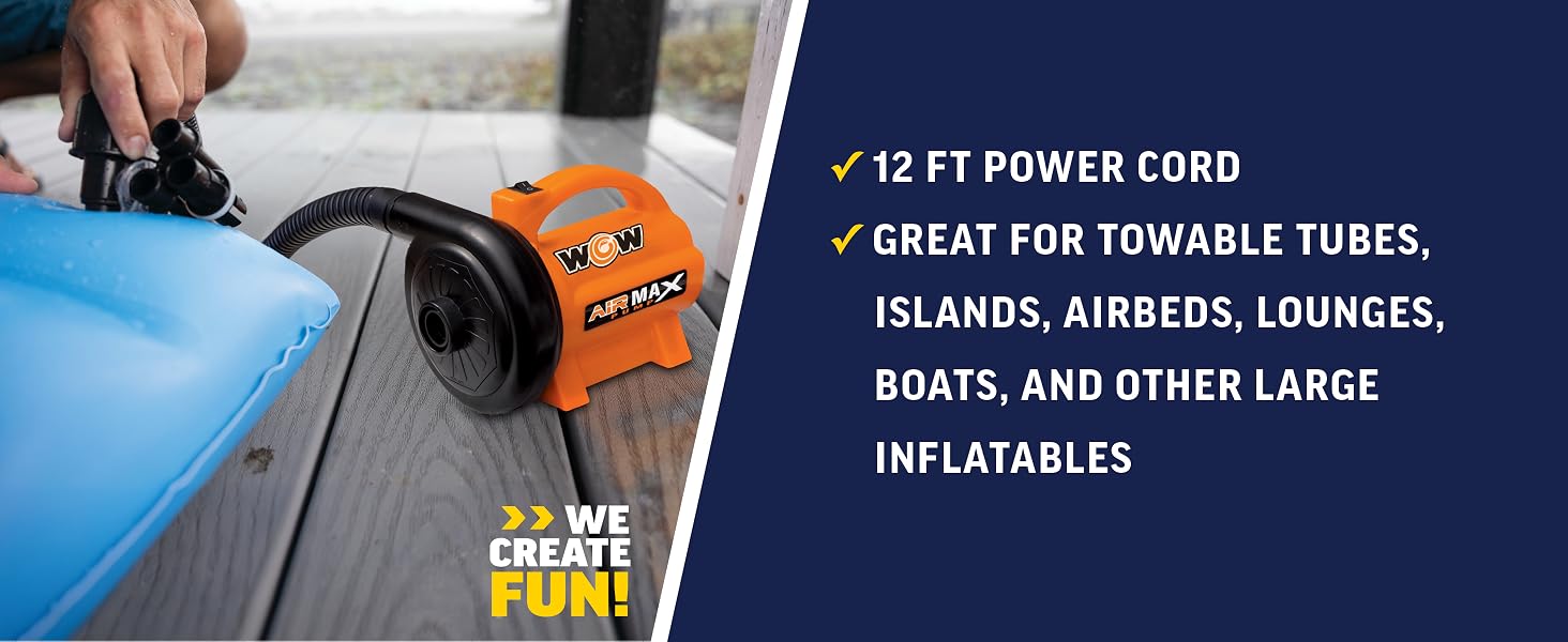 12 FT power cord, Great for towable tubes, islands, airbeds, lunges, boats, other large inflatables