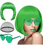 PLULON Dark Green Bob Wig and Sunglass Set, Neon Short Bob Wig Sunglass Pack Costume Colorful Cos...