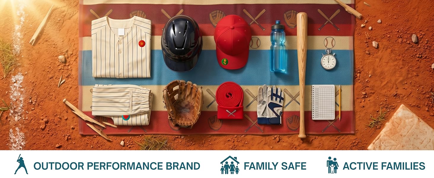 Baseball uniform and equipment flatlay on dirt field with mosquito patches on jersey and cap