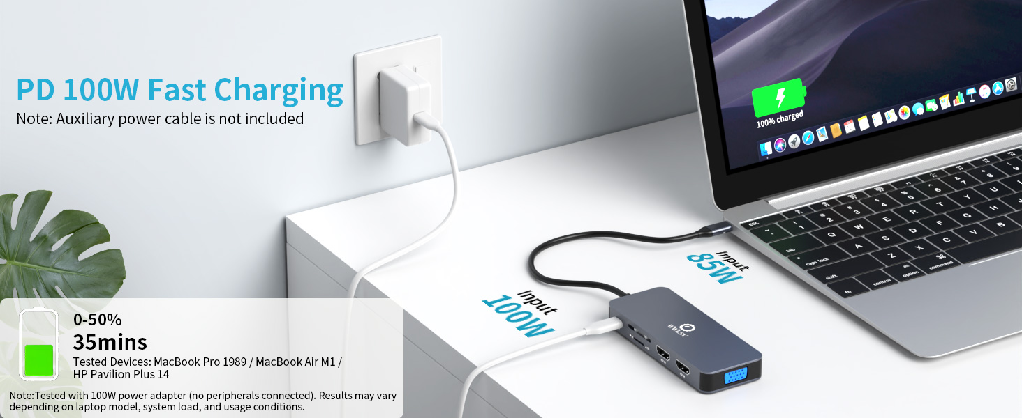 Power laptops with 100W PD charging via this USB C docking station, keeping devices fully powered.