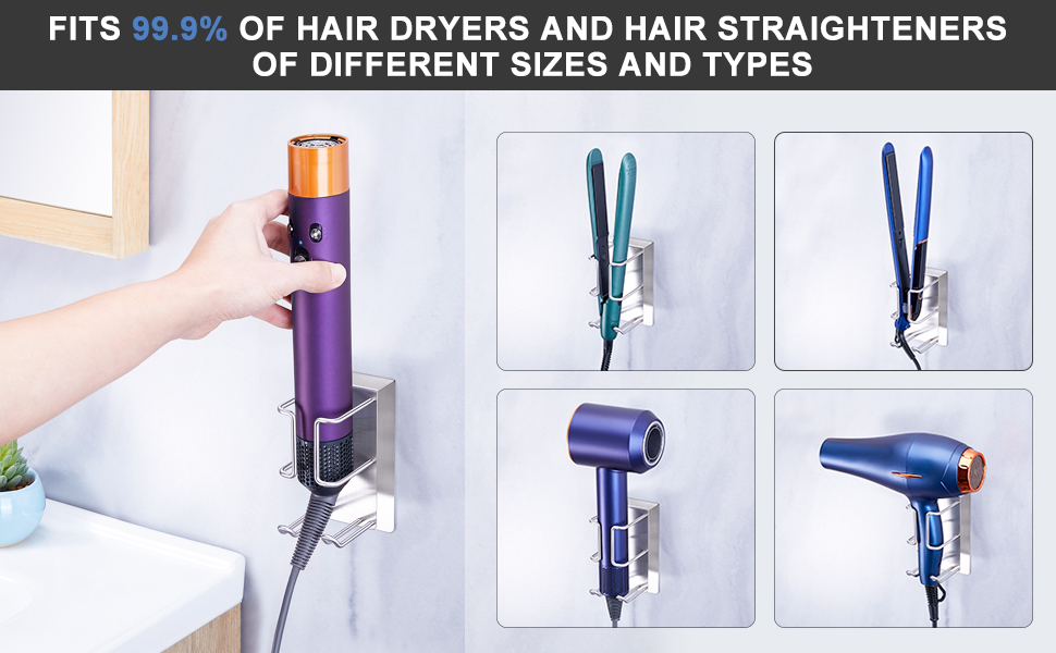 Wall-mounted holder system displaying various hair styling tools including hair dryers and straighteners, with text indicating 99.9% compatibility across different models.