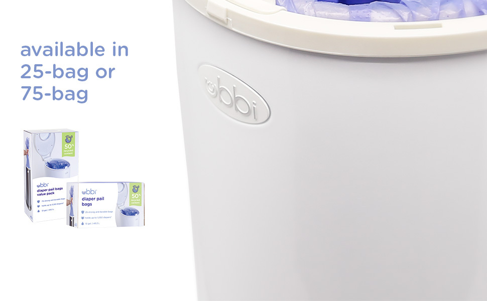 Diaper pail trash bags are available in 25-bag or 75-bag count