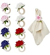 HOBBIESAY 8Pcs 4 Color Artificial Rose Polyseter Napkin Rings with Hemp Rope Flower Dinner Napkin...