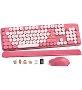 Wireless Keyboard and Mouse Combo, Round Keycaps, Magnetic Wrist Rest, Pink | Full-Size Retro Typ...