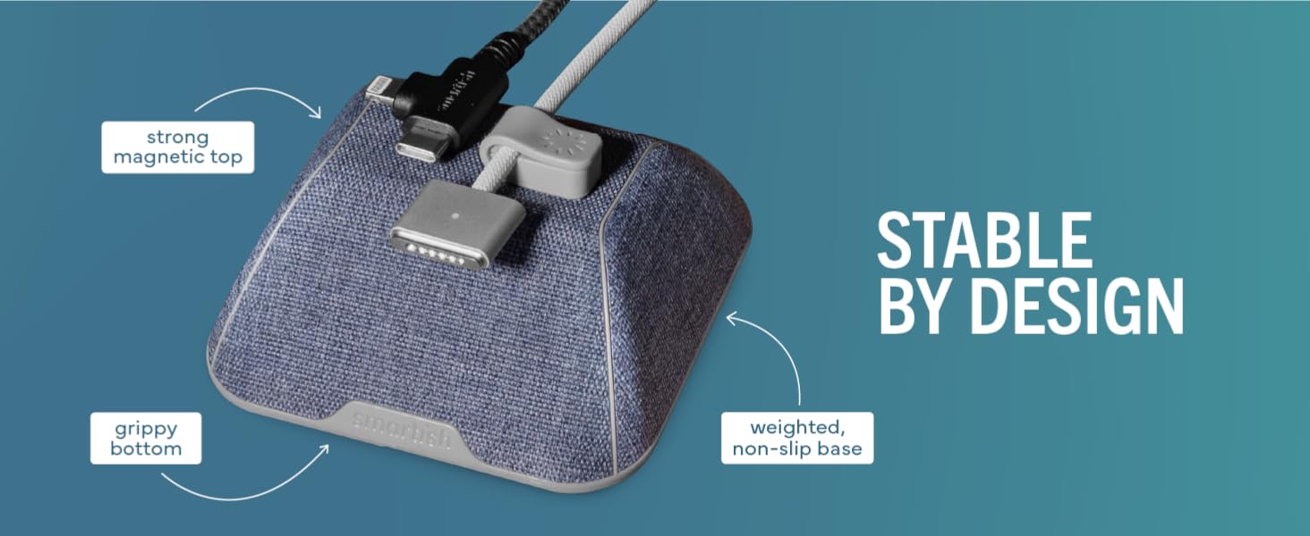 Cable Wrangler weighted base non-slip rubber bottom stays put on desk without adhesives or tape