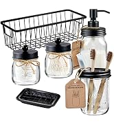 SheeChung 6Pcs Mason Jars Bathroom Accessories Set Complete - Toothbrush Holder, Lotion Soap Disp...