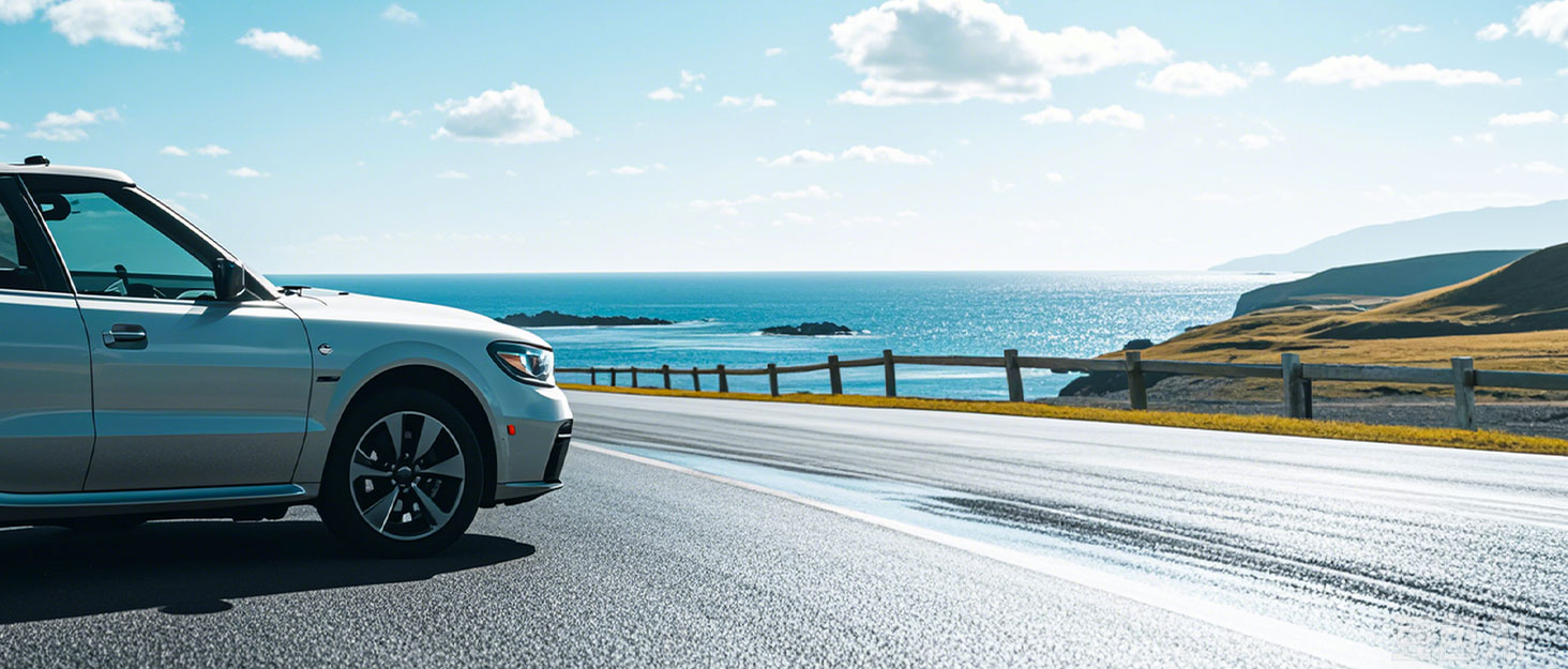a car driving on a road near the ocean