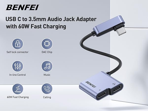 BENFEI USB C Splitter 1 in 2 Out Dual USB C Audio Jack Adapter with 60W Fast Charging