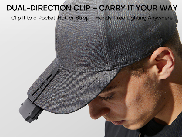 The dual-direction pocket clip allows flexible attachment to pockets, belts, or caps.