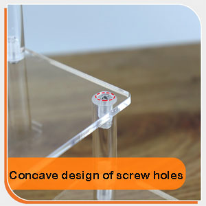 Close-up of transparent acrylic mounting hardware showing concave screw hole design detail in clear material.
