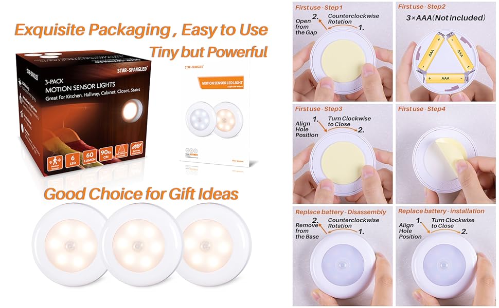 LED Motion Sensor Lights, Stick on Lights, Puck Lights, Closet Lights,Night Lights, STAR-SPANGLED