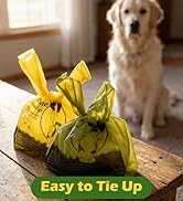 Text reads "Easy to Tie Up" in white-on-green banner. Yellow drawstring garbage bags filled with waste, dog standing in background indoors on wooden surface.