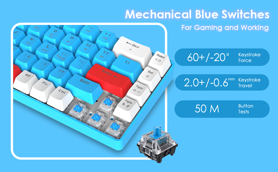 wired 68 key mechanical gaming keyboard with clicky tactile blue switch N-KEY rollover