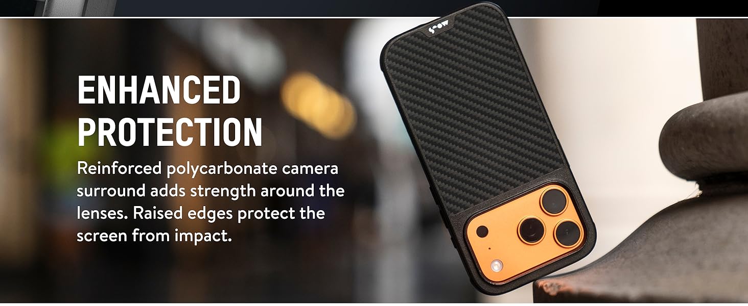 Text reads 'ENHANCED PROTECTION' and 'Reinforced polycarbonate camera surround adds strength around the lenses. Raised edges protect the screen from impact.' Close-up of orange and black camera module protection feature.