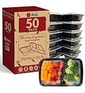 Reli. Meal Prep Containers, 30 oz. (50 Pack) - Black 2 Compartment Food Containers with Lids, Mic...