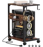 Akxomel 2 Tier Computer Tower Stand with Charging Station, Rolling Floor PC Stand Fits Under Desk...