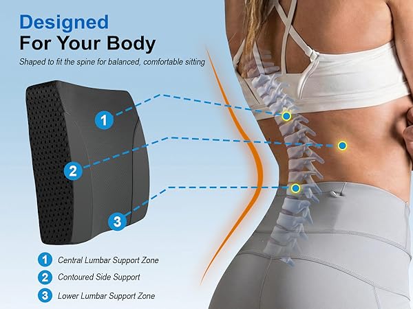 Ergonomic back support for chair features zoned lumbar design for balanced, comfortable sitting.