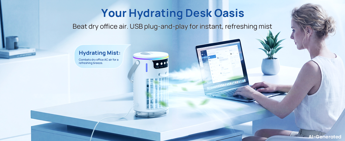 USB plug-and-play water air cooler with refreshing mist to beat dry office air