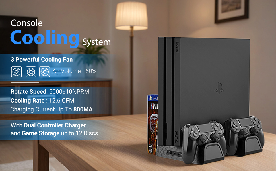 Vertical Stand for PS4/PS4 Slim/PS4 Pro - Cooling Fan with PS4 Charger Controller Charging Station