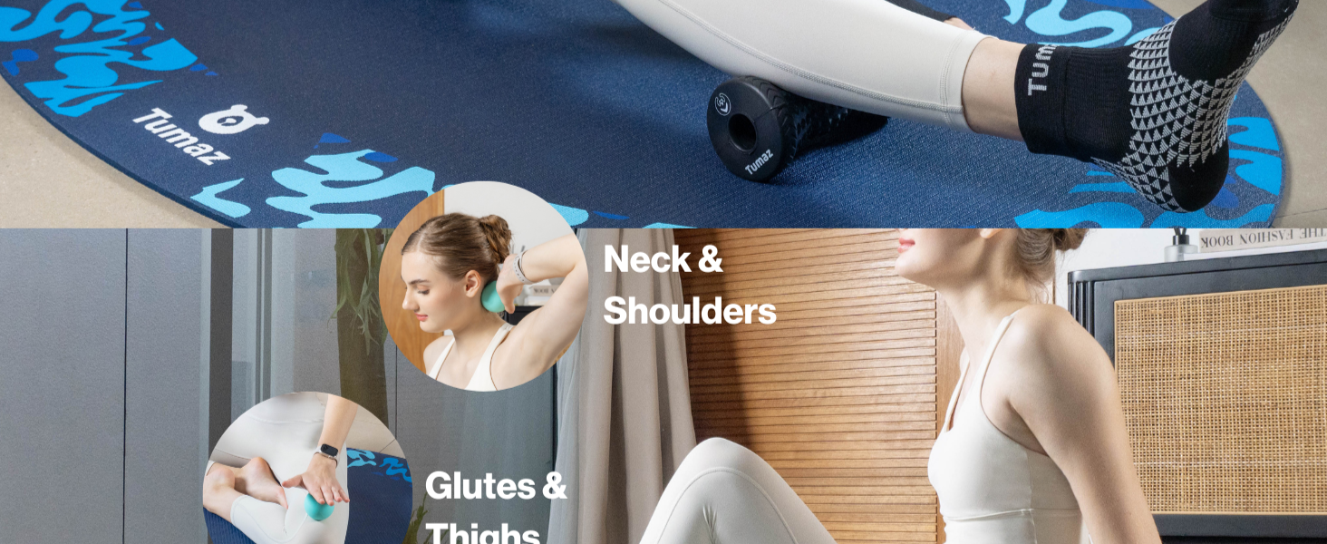 Massage ball can be used on neck, shoulders, glutes and thighs