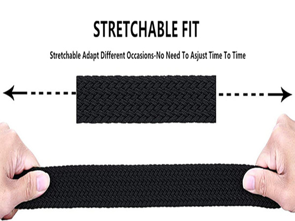 Braided Stretch Elastic Belts | Pin Oval Solid Black Belt Buckle | PU Loop End Tip Men/Women/Junior