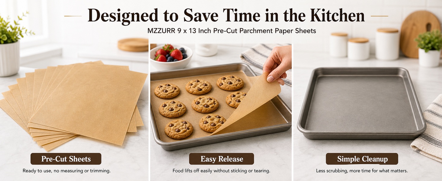 MZZURR parchment sheets showing pre-cut size, non-stick use, and easy cleanup.