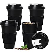 Greentainer 4 Pack Black Reusable Travel Coffee Mug Set with Lids, 13.5 oz Plastic Coffee Cups wi...