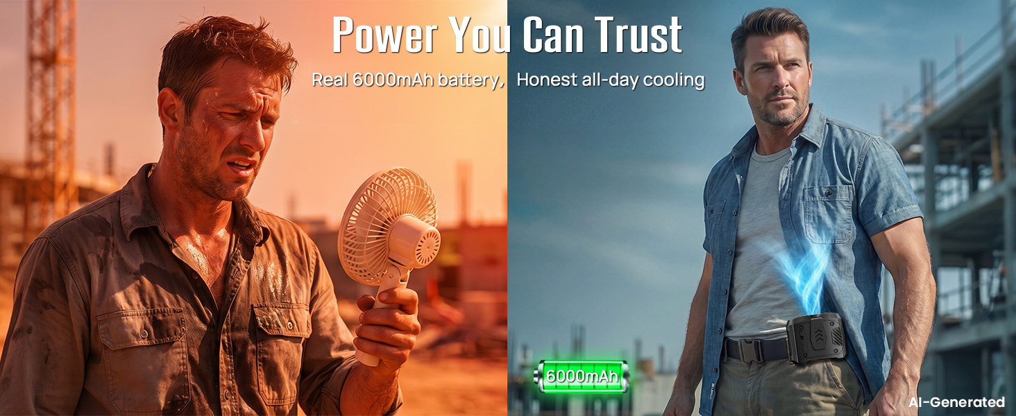 Real 6000mAh personal body fan gives reliable all-day cooling compared with weak batteries