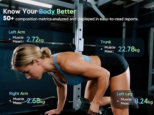 Woman exercising in the gym, with Arboleaf body fat scale displaying muscle mass data