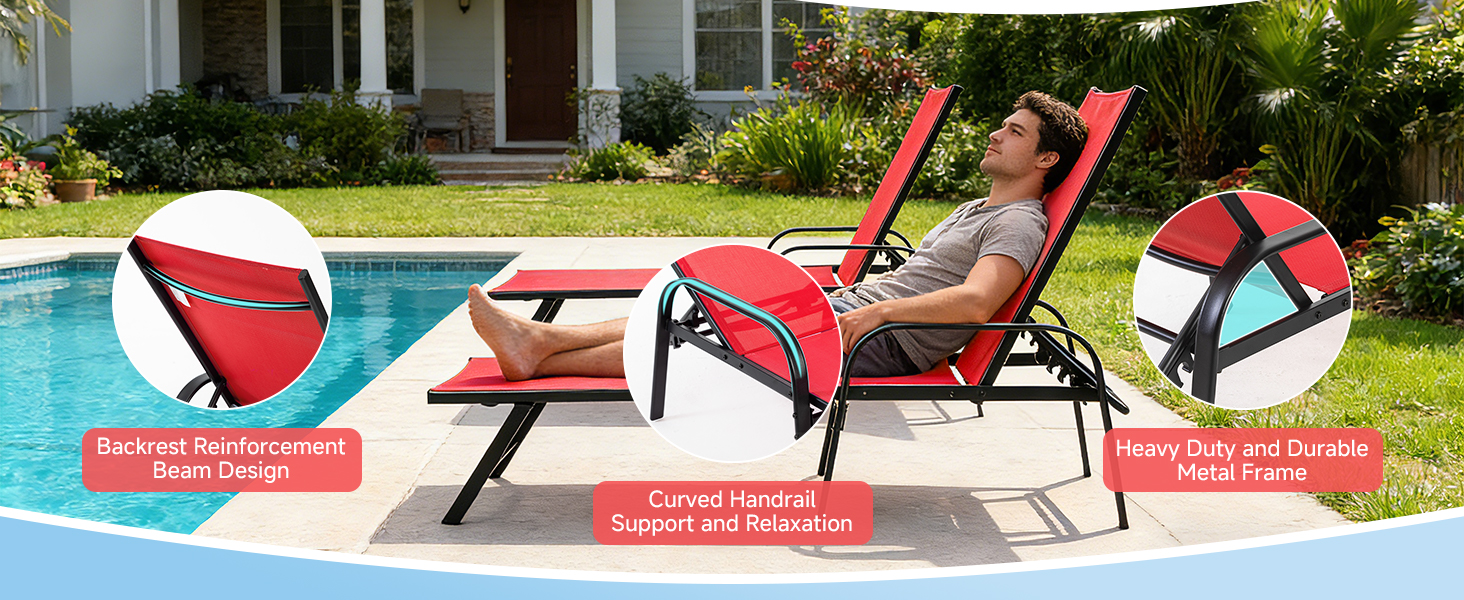Chaise Lounge Chair, 5 Adjustable Beach Lounge Recliner Chair with Armrests, Outdoor