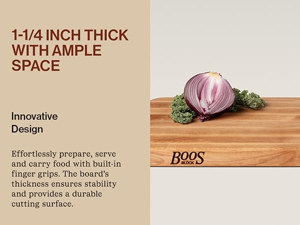 Text reads: 1 Inch Thick With Ample Space. Image of small wooden cutting board w/ berries on top.