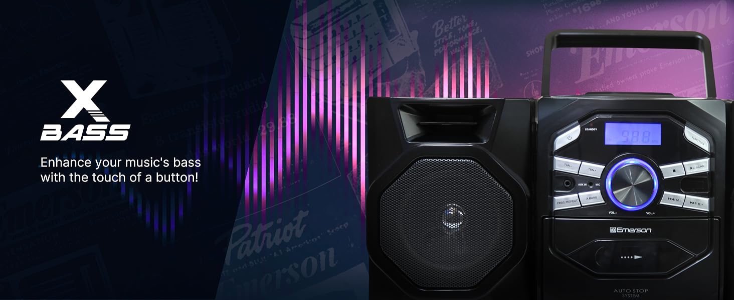 Emerson EPB-4000 Portable Boombox CD Player has high quality audio and bass boost, x-bass button