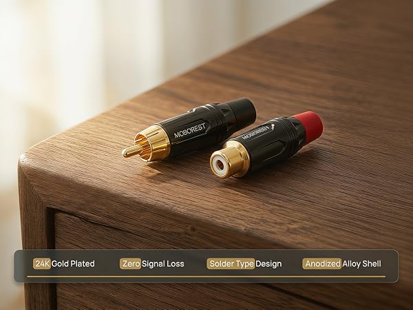RCA Male Plug Adapter Audio Phono Gold Plated Solder 24K Gold-Plated Phono Jack Adapter