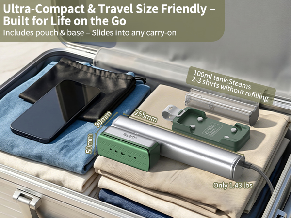 green travel steamer for clothes portable mini, ultra-compact, 1.43 lbs, includes travel pouch