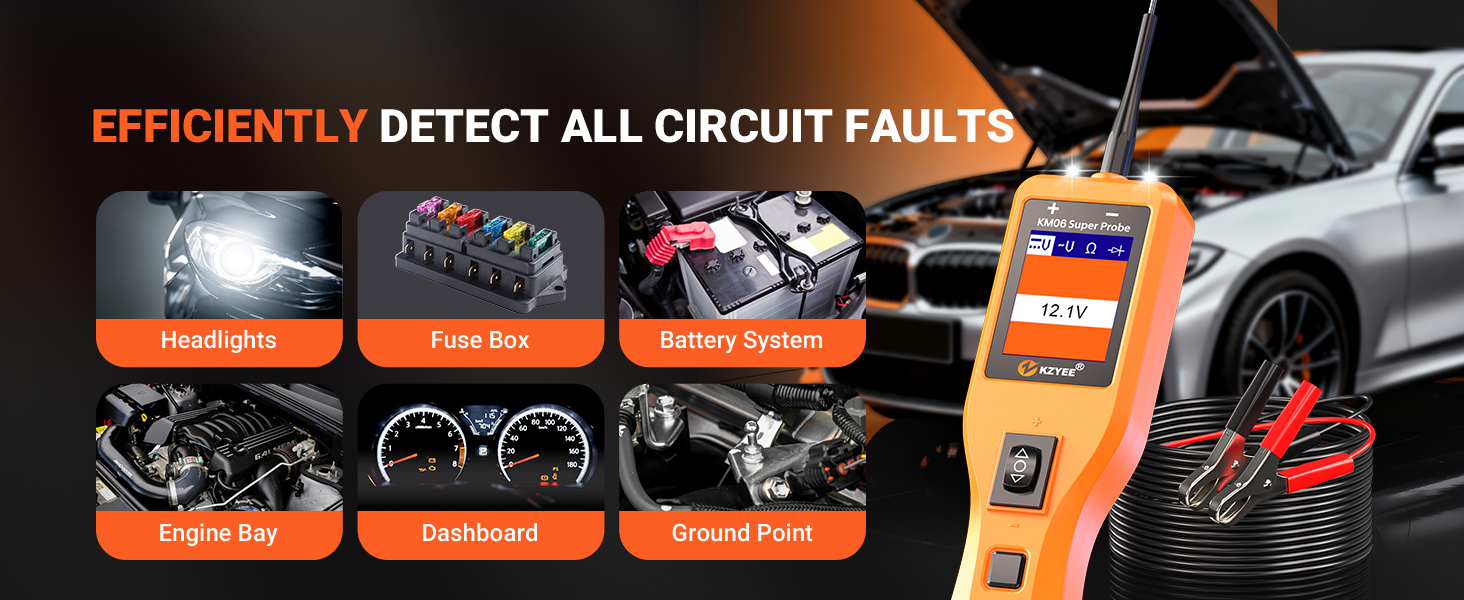 KM06 electrical testing tool diagnosing headlights, fuse boxes, batteries, dashboards and grounds