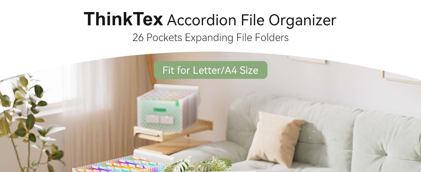 ThinkTex Accordion File Organizer with 24 pockets, expanding file folders designed for Letter/A4 size documents. Shown in a home office setting with colorful tabs visible.