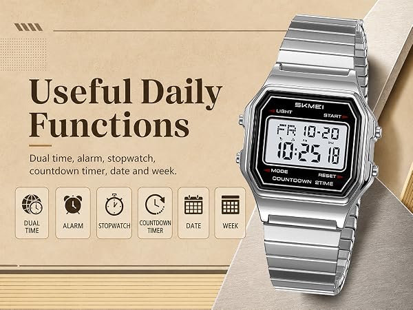 Silver LCD wristwatch, daily timer watch with week display and practical functions