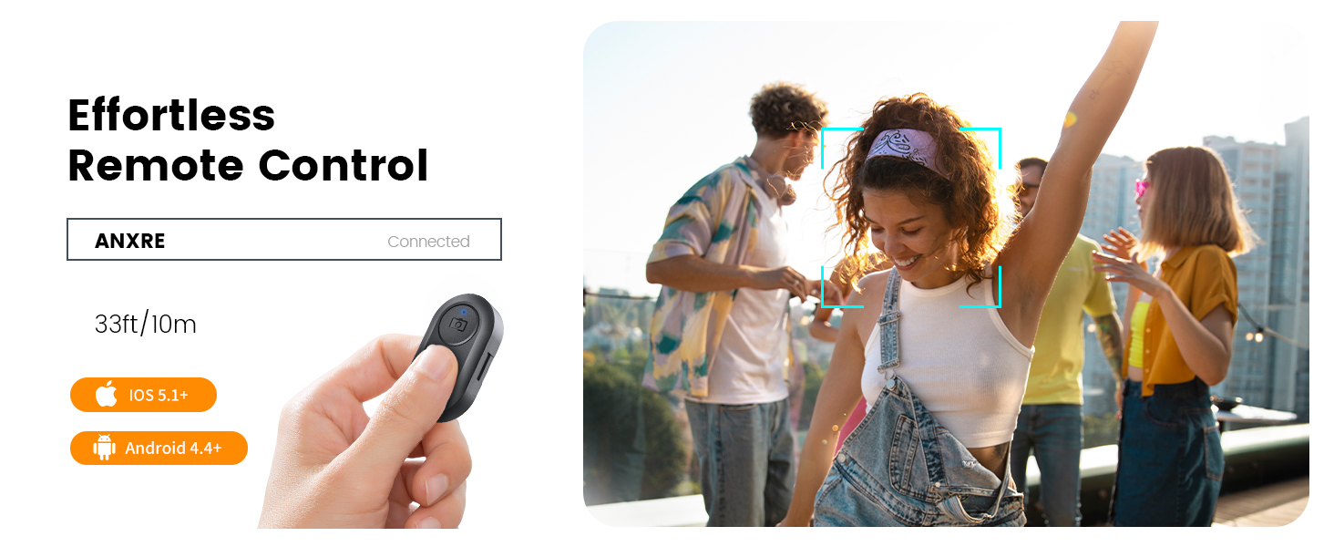 Black compact remote control device shown alongside lifestyle photo depicting people enjoying music or entertainment outdoors