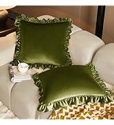 KKJIAF Olive Green Velvet Throw Pillow Covers 18 x 18 Inch Set of 2, Ruffle Euro Pillow Shams Vel...